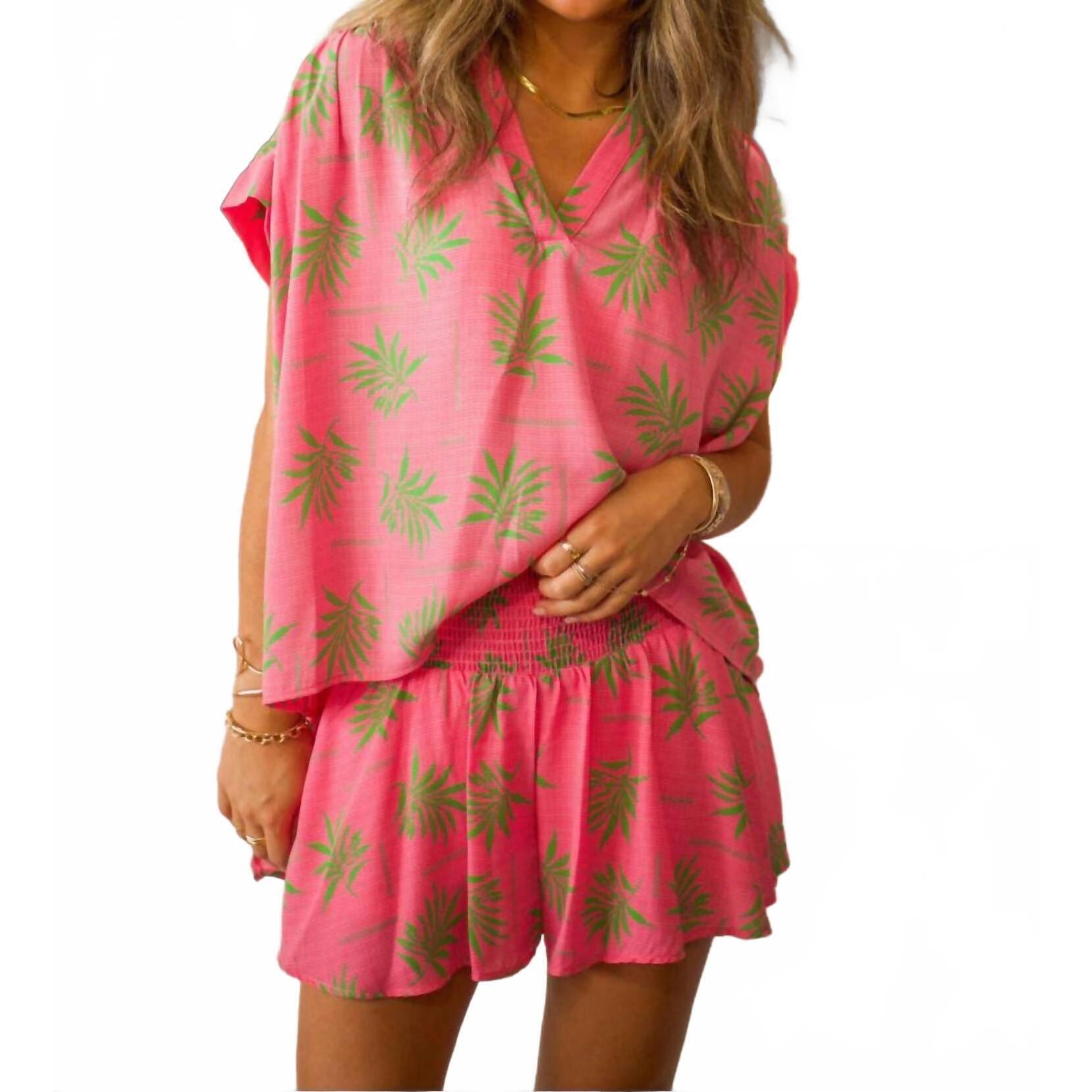 New Adrienne Placket Shirred Sleeve Band Top In Summer Palms